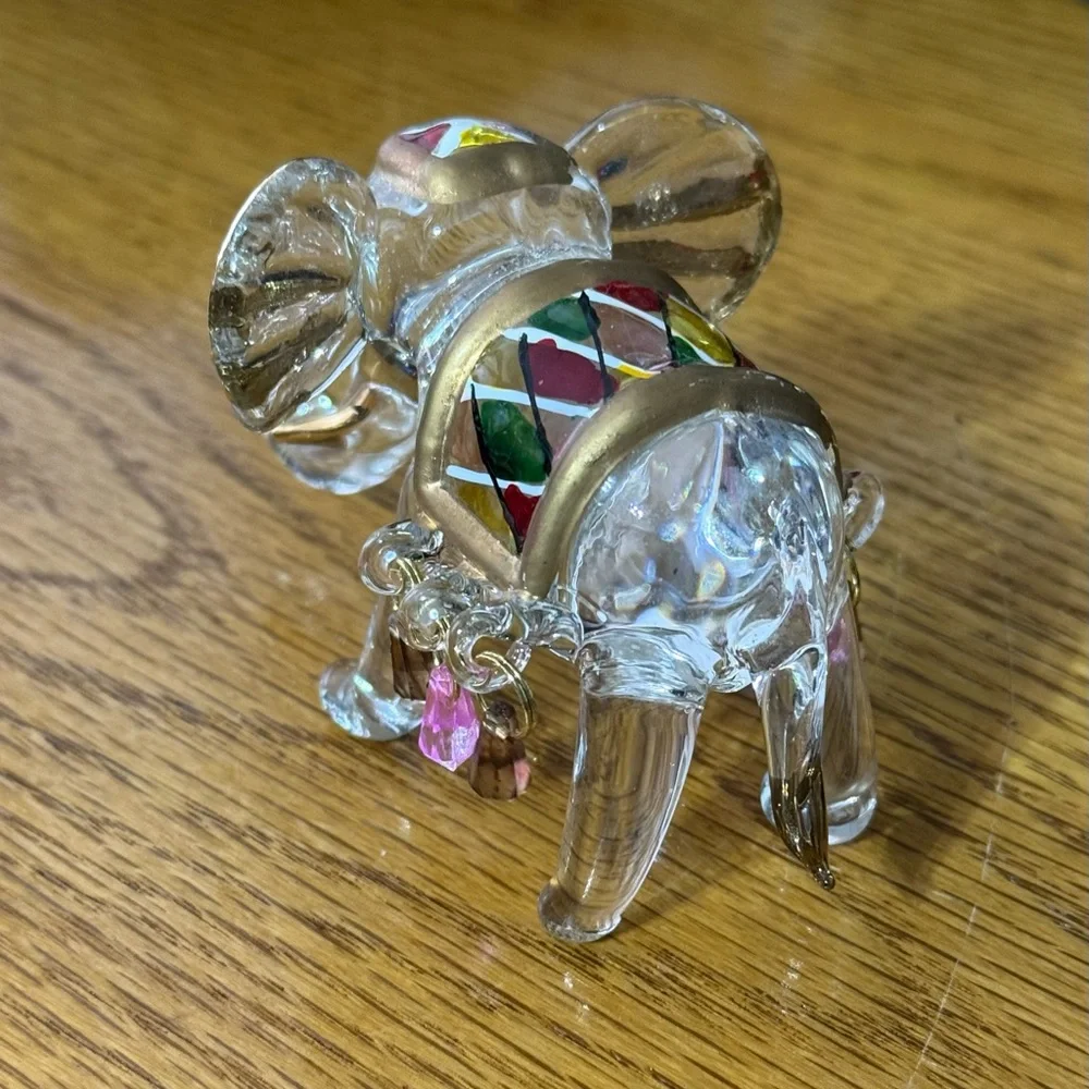 Spun Glass Hand Painted Elephant Figurine With Beads and Gold Accent‎
